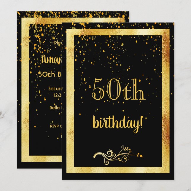 50th birthday party gold frame black invitation (Front/Back)