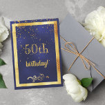 50th birthday party gold frame blue invitation<br><div class="desc">A festive and elegant 50th birthday party invitation card. A dark midnight blue background color and a faux gold frame. With a golden confetti rain. The blue color is uneven. On front the text: 50th birthday! and a floral faux gold decor.
Back: Templates for your party information,  golden letters.</div>