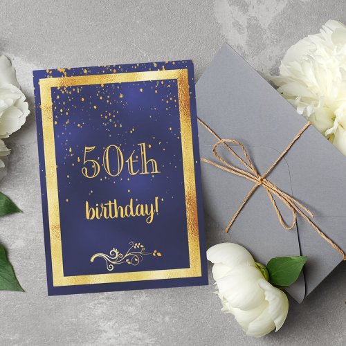 50th birthday party gold frame blue invitation