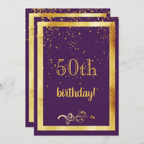 50th birthday party gold frame girly purple invitation