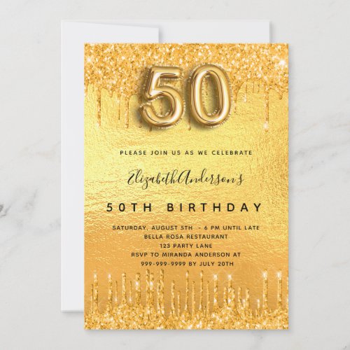 50th birthday party gold glitter drips invitation
