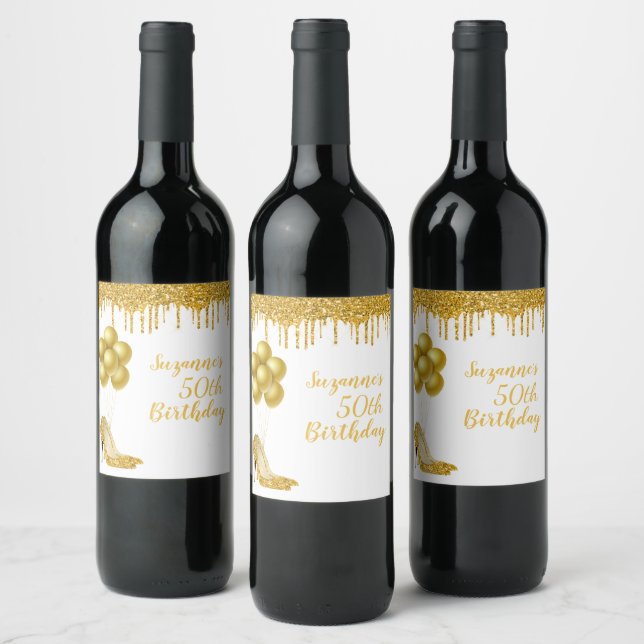  50th Birthday Party Gold Glitter Shoes Balloons  Wine Label (Bottles)