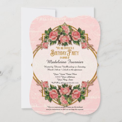 50th Birthday Party Gold Glitter Vintage Roses Invitation