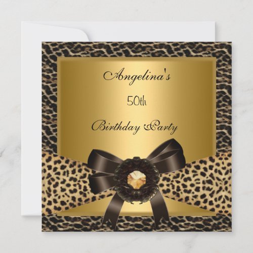 50th Birthday Party Gold Leopard Coffee Brown Custom Announcement