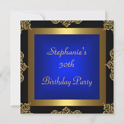 50th Birthday Party Gold Metal  Blue Invitation