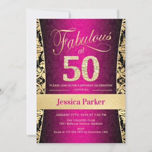 50th Birthday Party _ Gold Pink Black Invitation