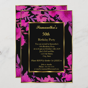 50th Birthday Party Gold Pink Flower Floral Invitation