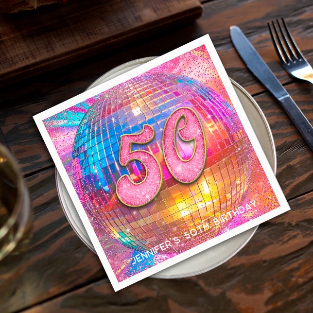 50th Birthday Party Gold Pink Glitter Disco Ball Napkins (Creator Uploaded)
