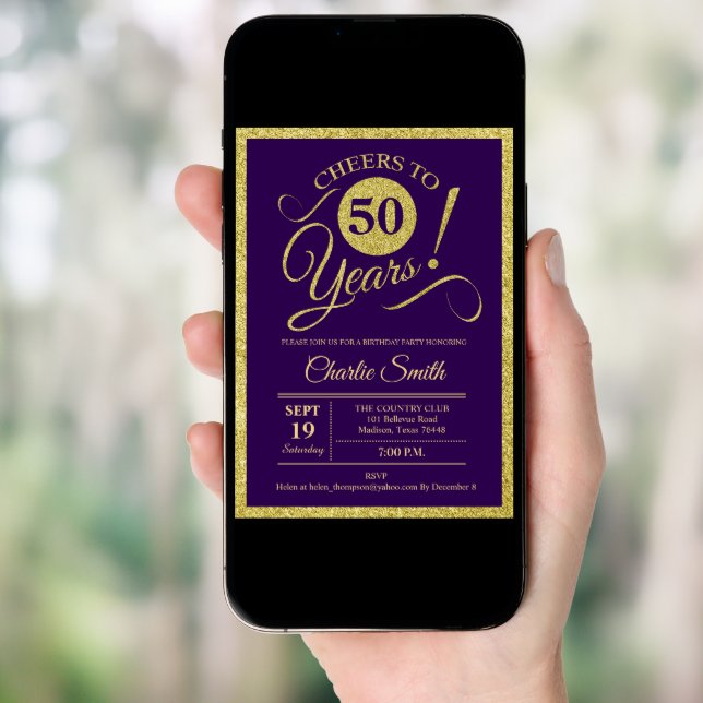 50th Birthday Party - Gold Purple ANY AGE Invitation (Front Digital)