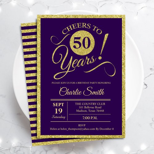 50th Birthday Party _ Gold Purple ANY AGE Invitation