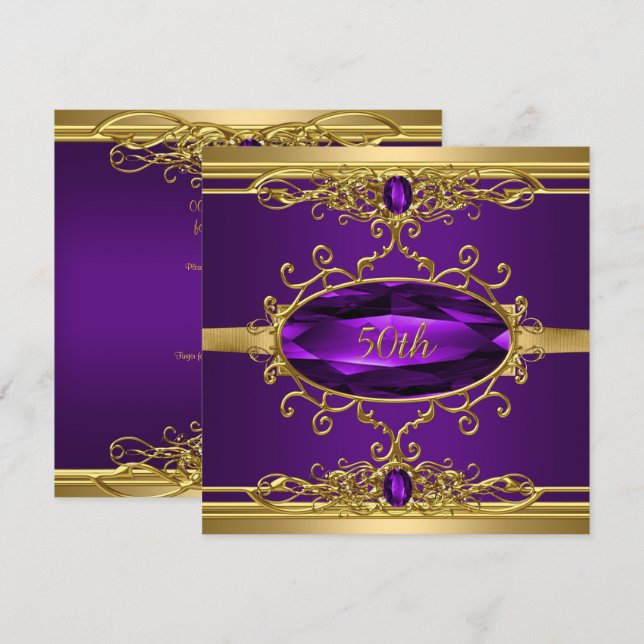 50th Birthday Party Gold Purple Diamond Invitation (Front/Back)