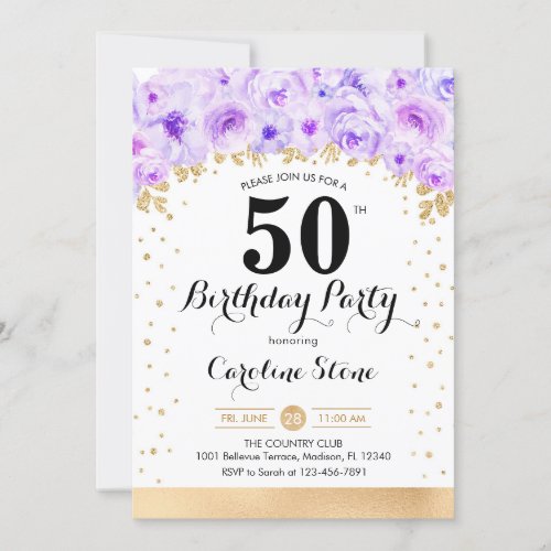 50th Birthday Party _ Gold Purple Flowers Invitation
