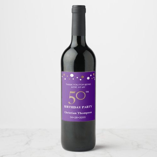 50th birthday party gold purple theme thank you wine label