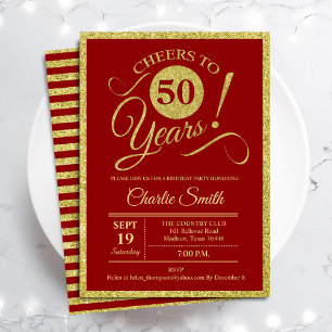 50th Birthday Party - Gold Red ANY AGE Invitation