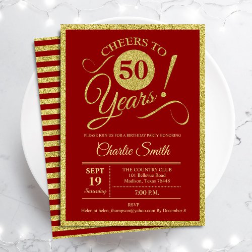 50th Birthday Party _ Gold Red ANY AGE Invitation