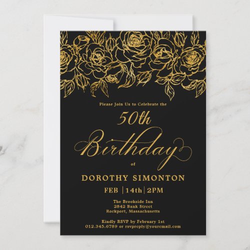 50th Birthday Party Gold Rose Floral Black Invitation