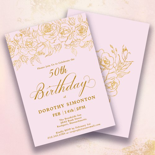 50th Birthday Party Gold Rose Floral Blush Pink Invitation