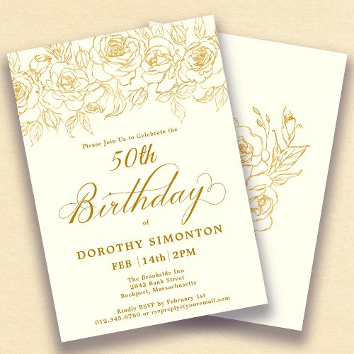 50th Birthday Party Gold Rose Floral Ivory White Invitation