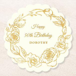 50th Birthday Party Gold Rose Ivory White Paper Coaster