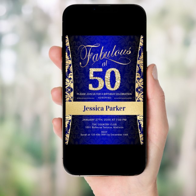 50th Birthday Party - Gold Royal Blue Invitation (Front Digital)