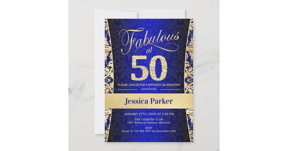 50th Birthday Party - Gold Royal Blue Invitation | Zazzle