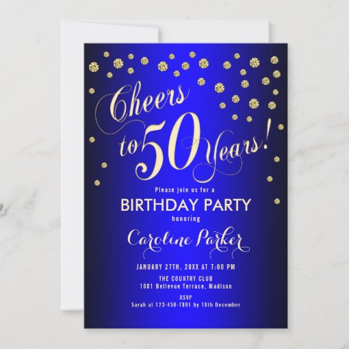 50th Birthday Party - Gold Royal Blue Invitation | Zazzle