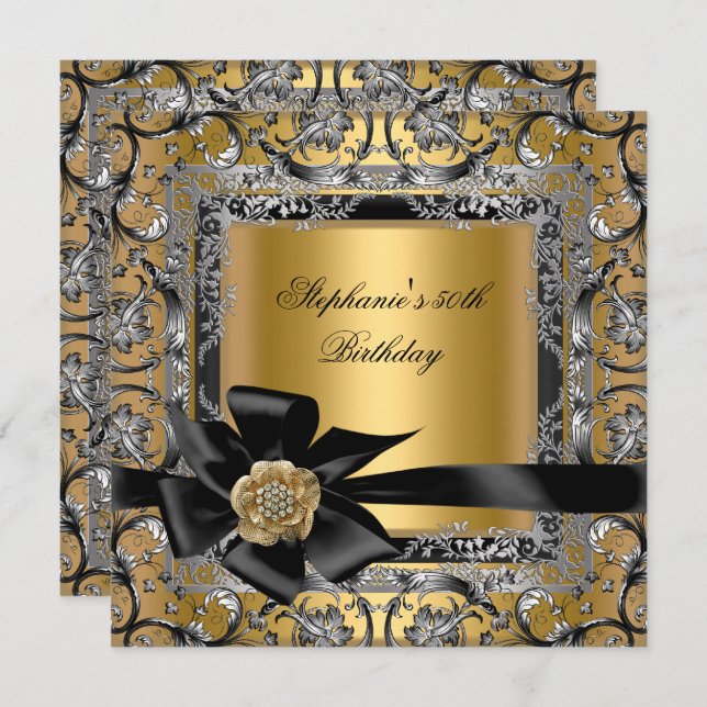 50th Birthday Party Gold Silver Black Bow Invitation (Front/Back)