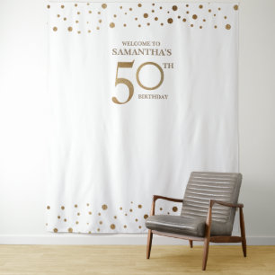 50th Birthday Party Gold White Confetti backdrop