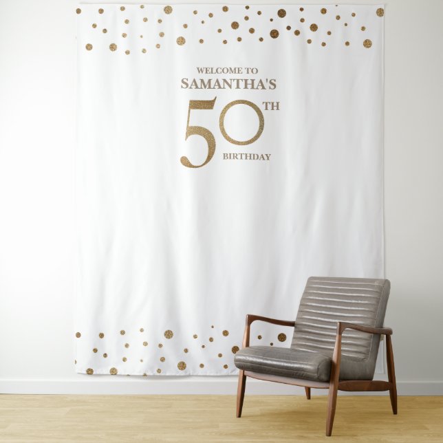 50th Birthday Party Gold White Confetti backdrop (In Situ)