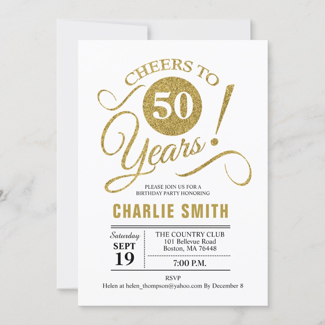 50th Birthday Party - Gold White Invitation | Zazzle