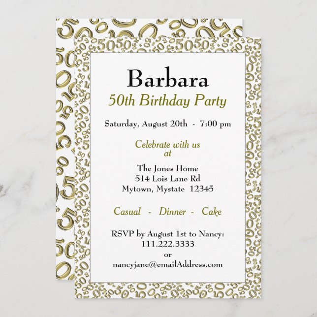 50th Birthday Party Gold/White Number Pattern Invitation (Front/Back)