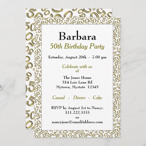 50th Birthday Party GoldWhite Number Pattern Invitation