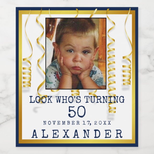 50th Birthday Party Gold With Photo Change  Colors Wine Label (Single Label)