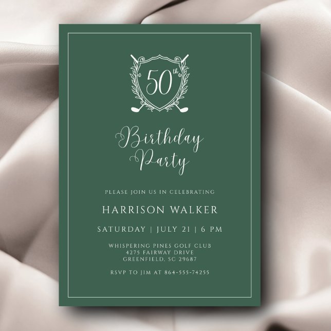 50th Birthday Party Golf Crest Elegant Script Sage Invitation (Creator Uploaded)