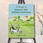 50th Birthday Party Golf Guy Photo Welcome   Foam Board<br><div class="desc">This festive and colorful 50th Birthday Party Welcome foam board features a Golf theme and it's perfect for a Golfer. It features a Golf Cart with Golf Clubs on a Golf Course with his photo. Much to personalize to make appropriate for your own event and can be easily changed to...</div>