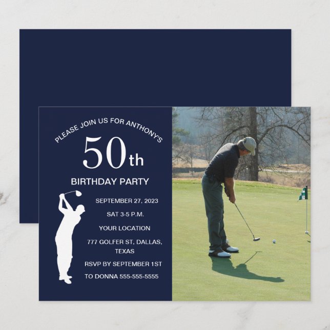 50th Birthday Party Golfer Blue Par Golf Photo Invitation (Front/Back)