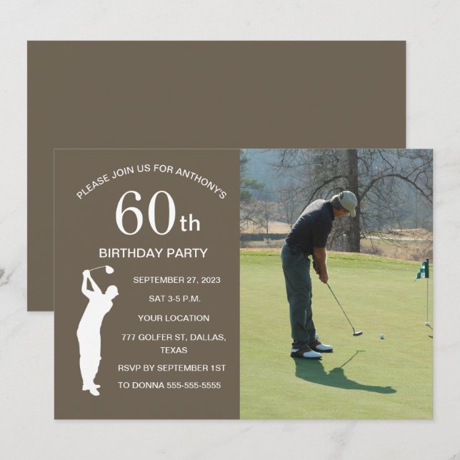 50th Birthday Party Golfer Brown Par Golf Photo Invitation (Front/Back)