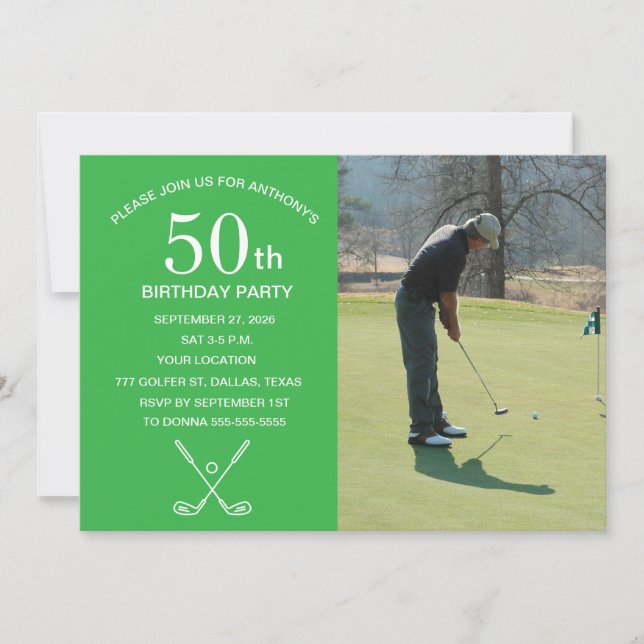 50th Birthday Party Golfer Green Par Golf Photo Invitation (Front)