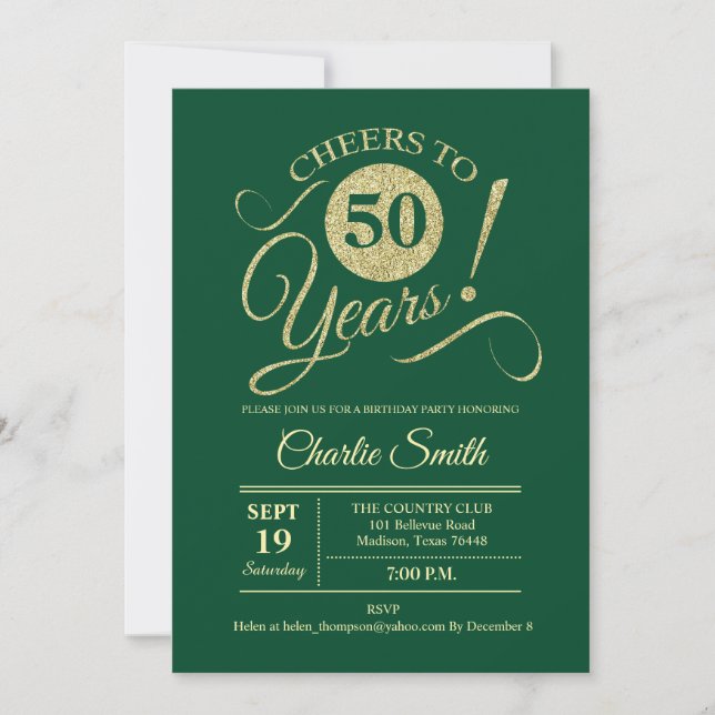 50th Birthday Party - Green Gold Invitation (Front)
