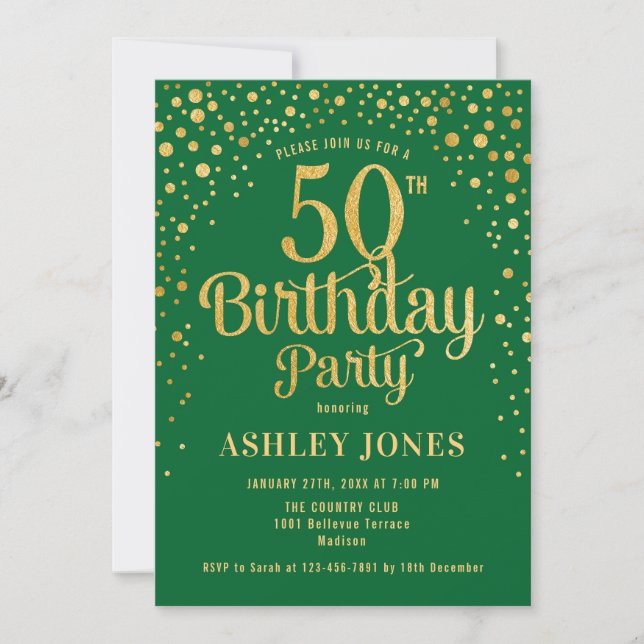 50th Birthday Party - Green & Gold Invitation (Front)