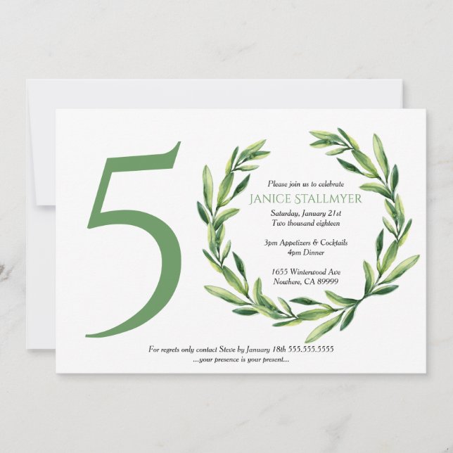 50th Birthday Party, Green Leaf Wreath Invitation (Front)
