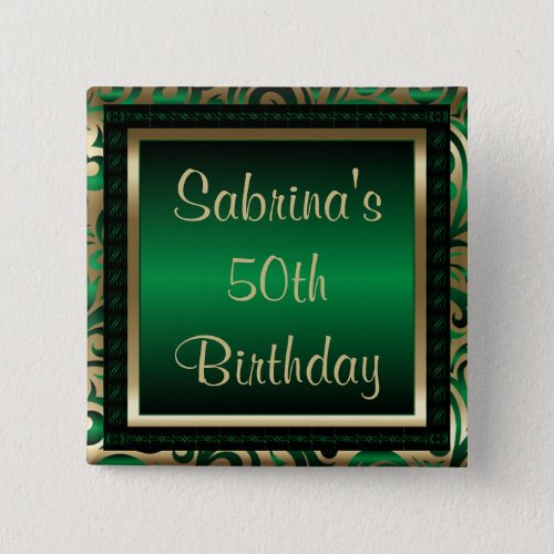 50th Birthday Party  Green Metallic  Gold Button