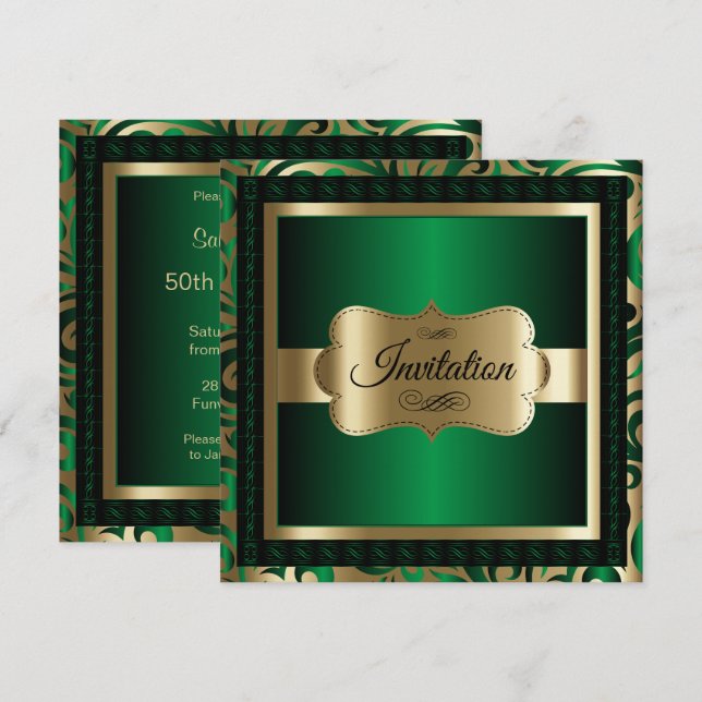 50th Birthday Party | Green Metallic & Gold Invitation (Front/Back)