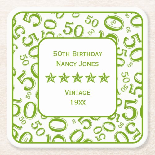 50th Birthday Party Green Number Pattern Square Paper Coaster