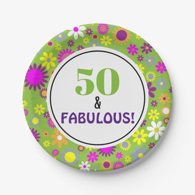 50th Birthday Party Green Purple Floral Paper Plates (Front)