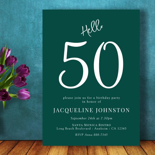50th Birthday Party Green White Hello 50 Invitation