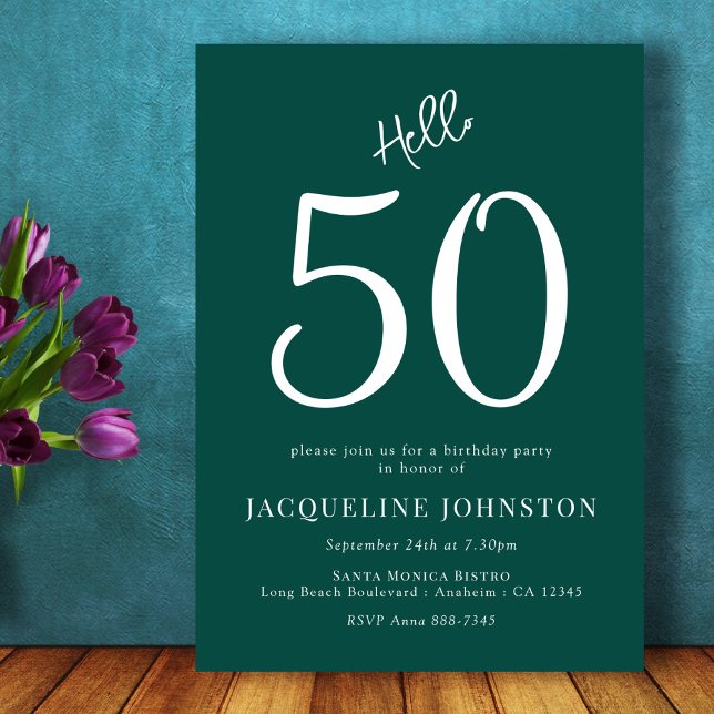 50th Birthday Party Green White Hello 50 Invitation (Creator Uploaded)
