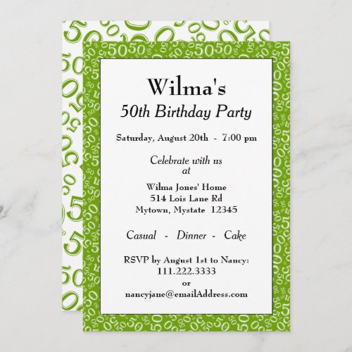 50th Birthday Party GreenWhite Number Pattern Invitation