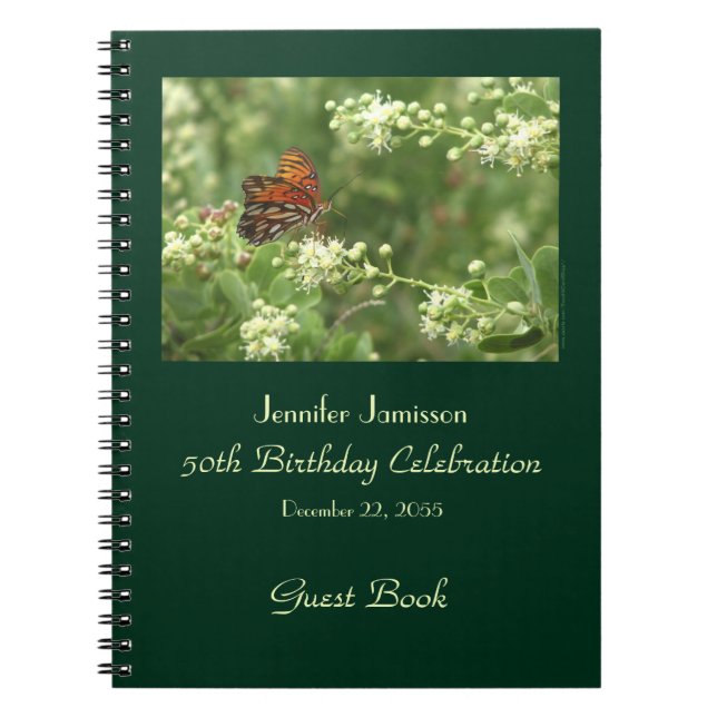 50th Birthday Party Guest Book, Orange Butterfly Notebook (Front)