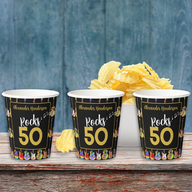 50th Birthday Party Guitar Rock Personalized Paper Cups (Personalized rock and roll 50th birthday party colorful guitars black and gold)
